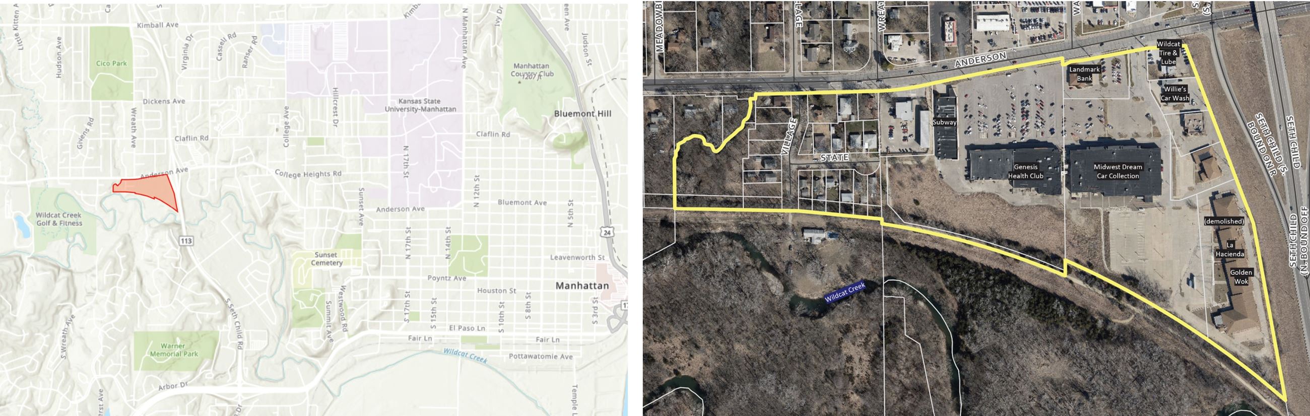 Left: Plaza West site in relation to Manhattan, right: layout of the site (buildings on the lower right since demolished)